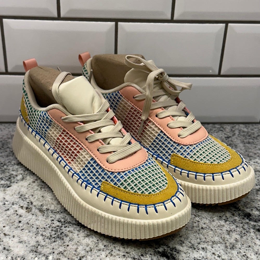 Nicole Miller Womens 8 Platform Sneaker Multi Woven Suede Whipstitch Boho Chunky